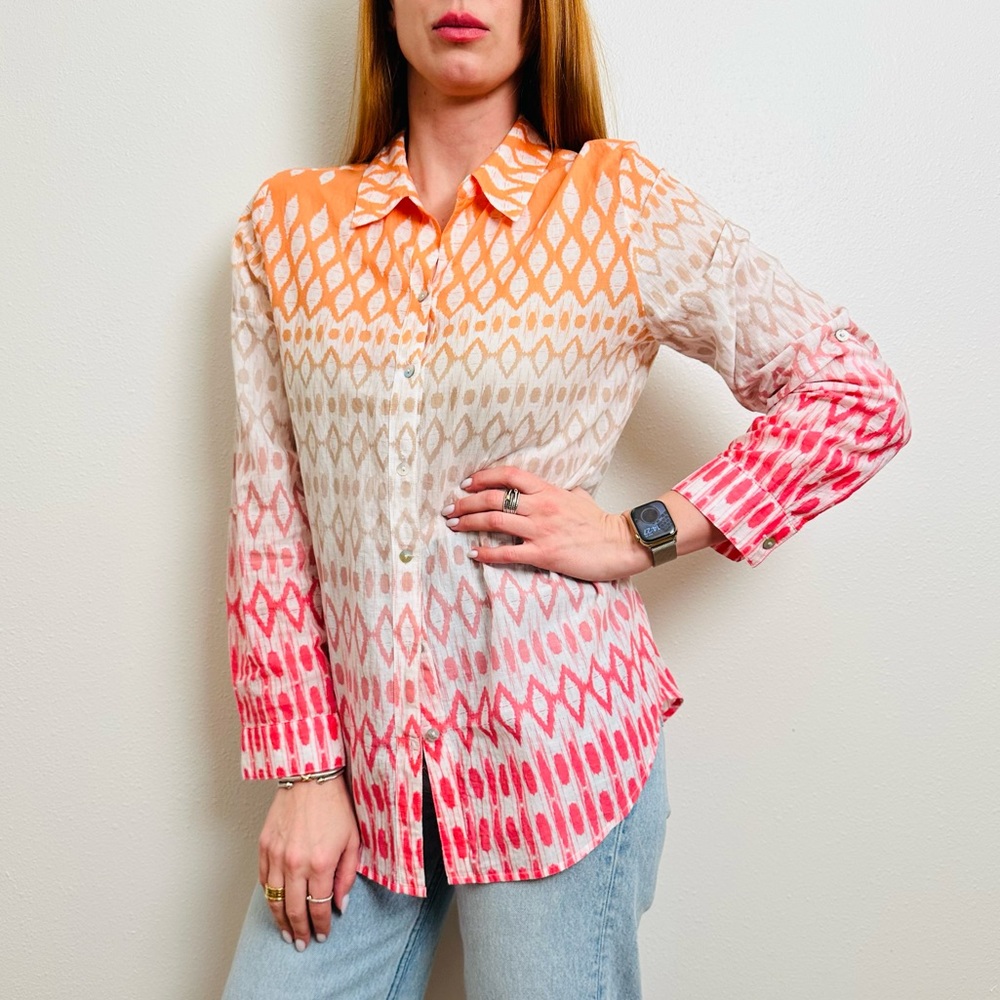 Chico's Orange Pink Ombre Patterned Lightweight 100% Cotton Button Down Shirt 1